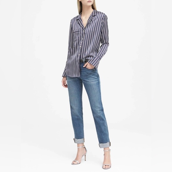 Banana Republic Navy Striped Button Down Pajama-Style Shirt Blouse- Small - Picture 10 of 11